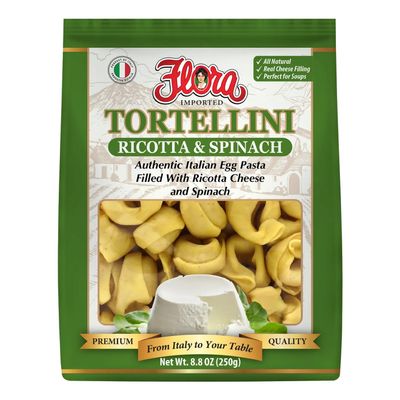 Flora Tortellini Ricotta & Spinach Authentic Italian Egg Pasta Filled with Creamy Ricotta Cheese & Spinach Delicate, Flavorful & Imported from Italy 8.8 oz (250g)
