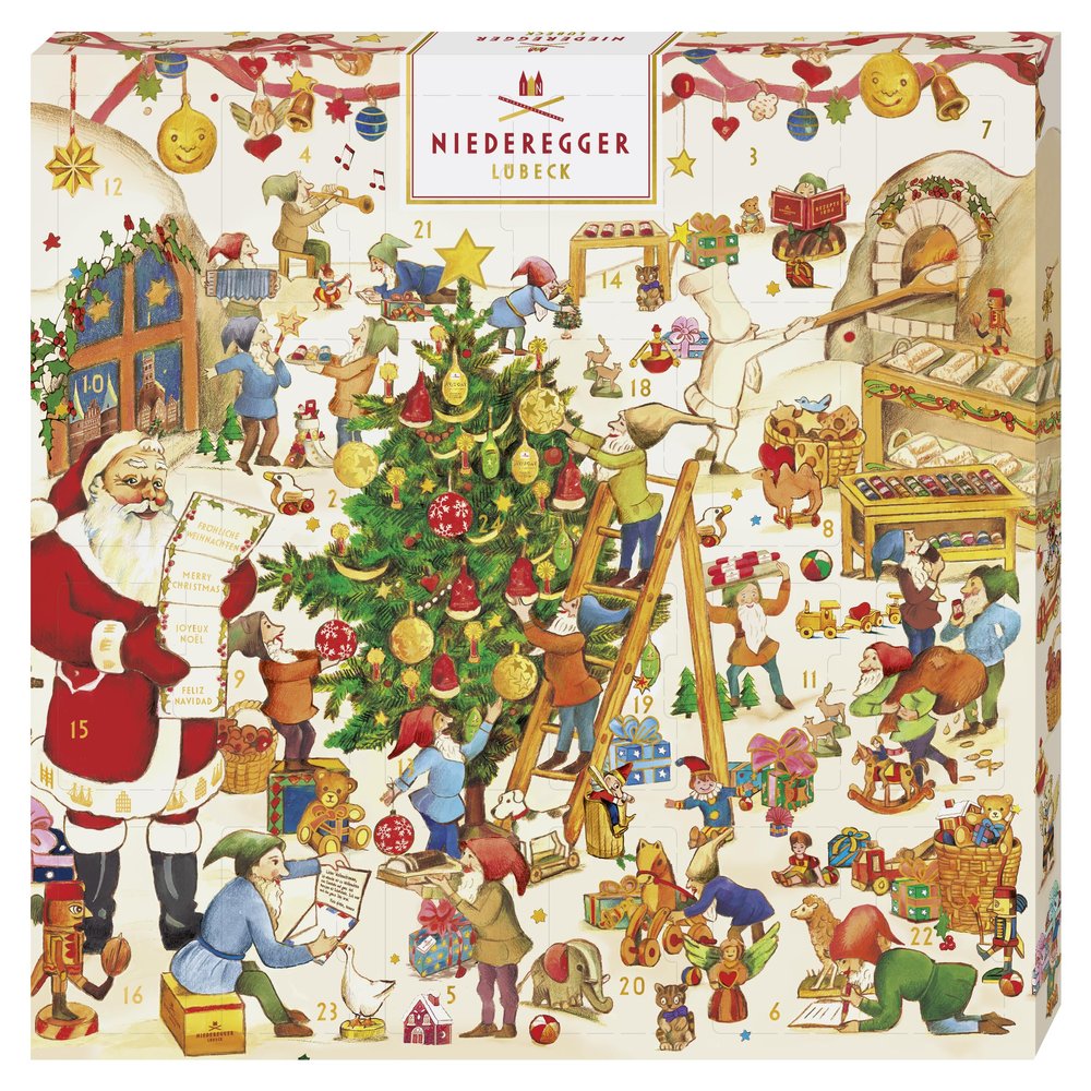 Niederegger Marzipan Advent Calender Mini Loaves "Elves' Workshop" | Pure Marzipan covered in Crisp and Dark Chocolate 168g/5.9 oz | 24 Pieces per Calender.