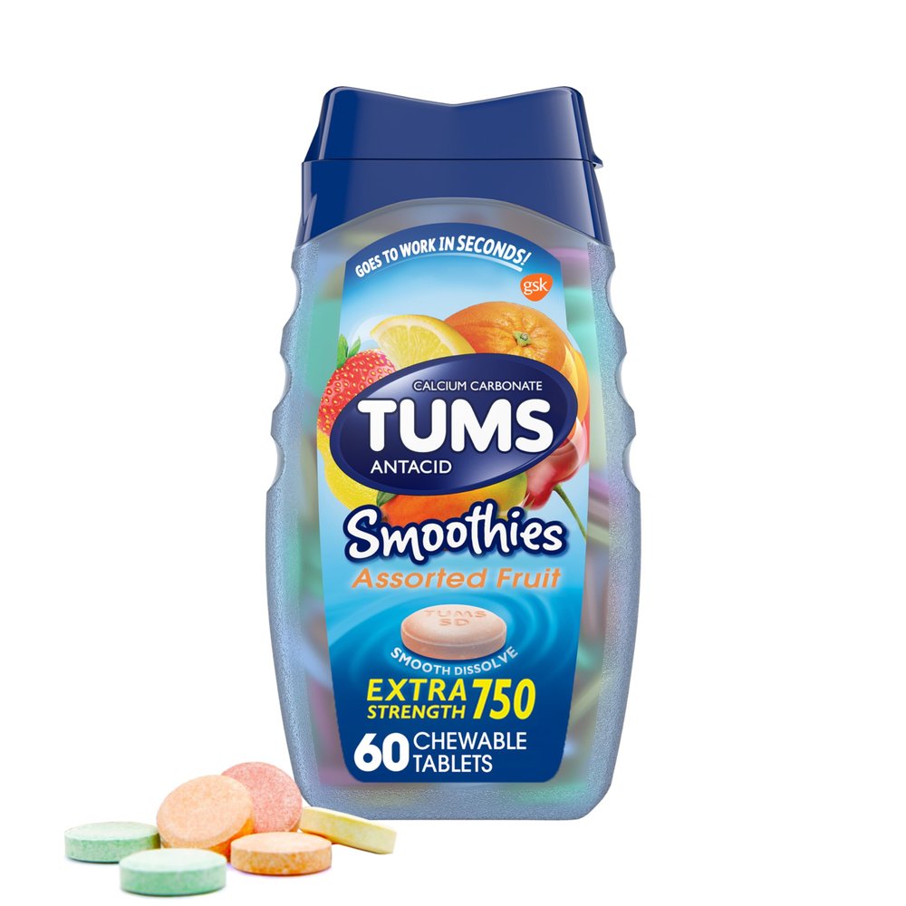 TUMS Smoothies Extra Strength Antacid Chewable Tablets for Heartburn Relief, Assorted Fruit - 60 Count (Pack of 1)