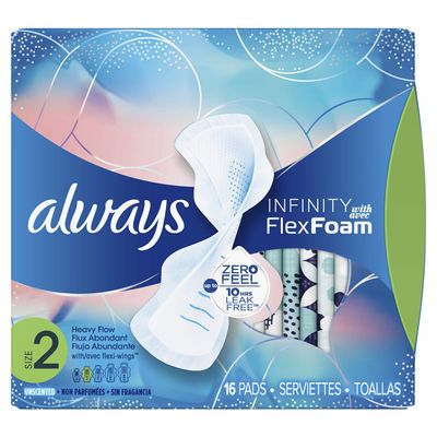 Always Infinity Size 2 Feminine Pads with Wings, Super Absorbency, Unscented, 16 Count (Packaging May Vary) (Packaging May Vary)