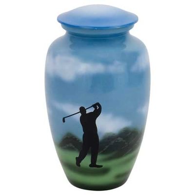Golf Cremation Urn for Ashes, Aluminum, Blue Urn, Adult Sized Cremation Urn, 10 Inches High