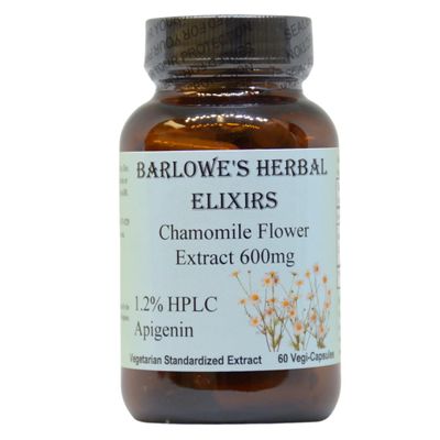 Barlowe's Herbal Elixirs Chamomile Flower Extract | German Chamomile Supplement | Matricaria Chamomilla | 1.2% Apigenin | 600mg per Capsule | 60 Vegi Capsules | Stearate Free | Glass Bottle
