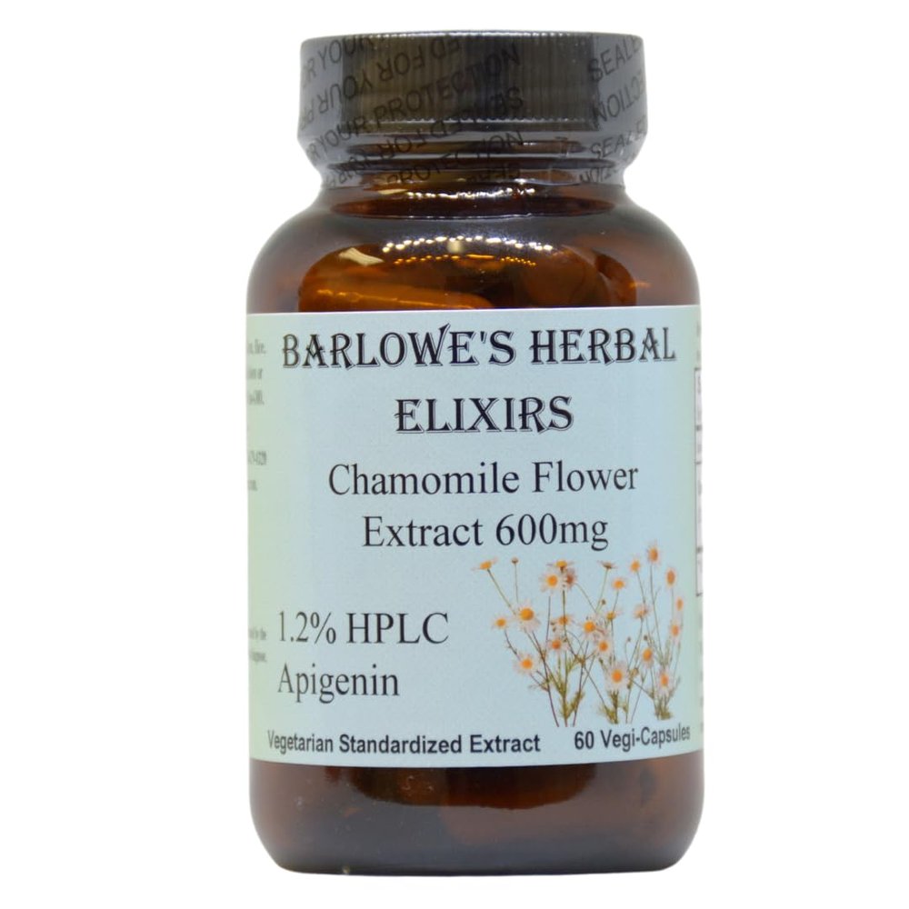 Barlowe's Herbal Elixirs Chamomile Flower Extract | German Chamomile Supplement | Matricaria Chamomilla | 1.2% Apigenin | 600mg per Capsule | 60 Vegi Capsules | Stearate Free | Glass Bottle