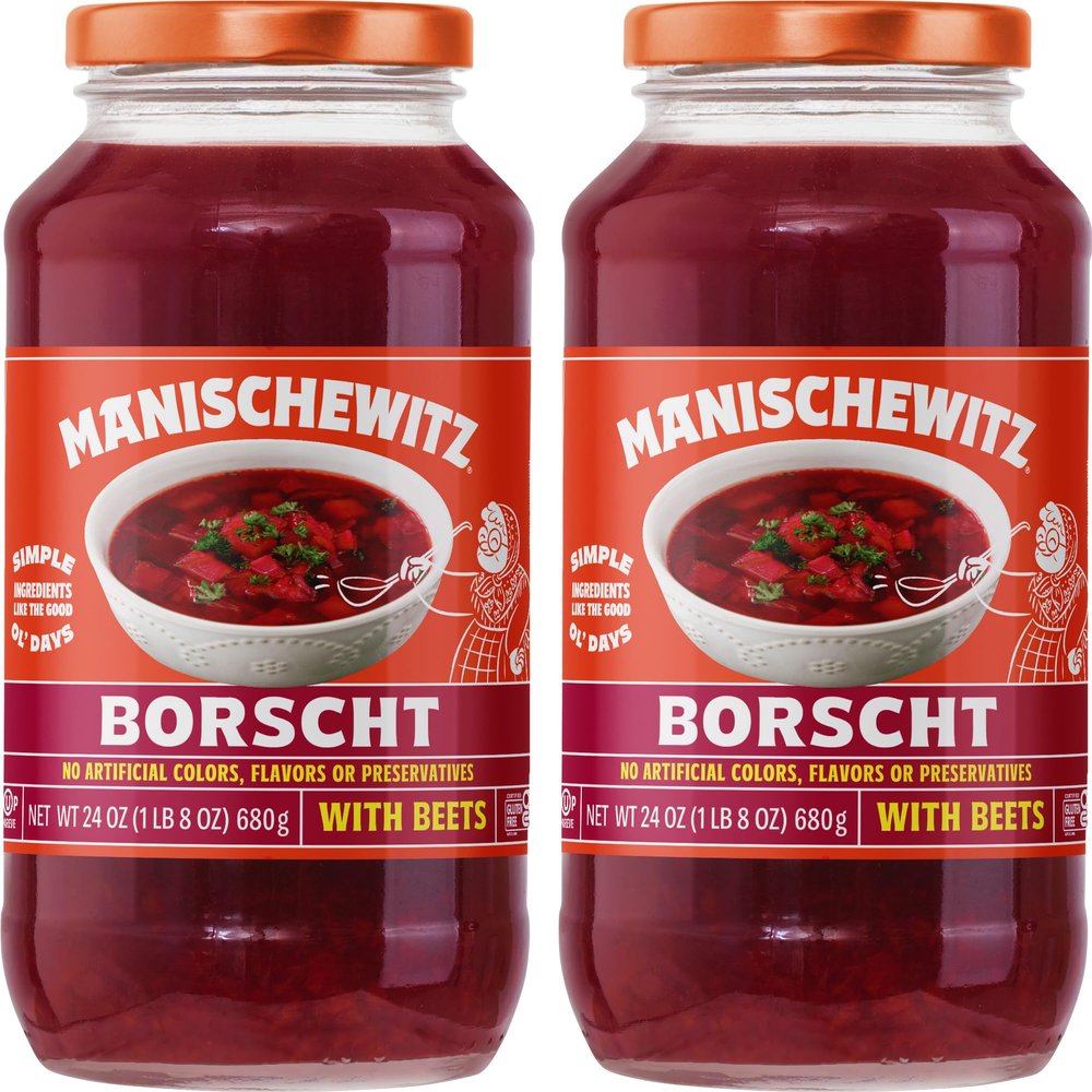 Manischewitz Borscht with Beets, 24 Oz (2 Pack) | Ready-to-Serve Beet Soup | Sweet & Tangy Flavor | Gluten-Free, Vegetarian | Kosher (including Passover)