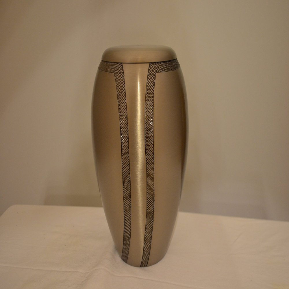 Large Brass Human or Pet Urn with Monarch Pewter Finished Pewter Design on Metal Brass with Size of 10 X 4 Inches. Some Products May Have Minor Scratches
