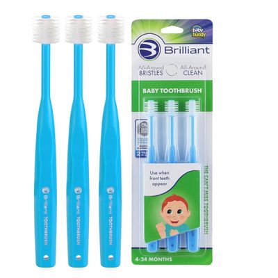 Brilliant Oral Care Baby Toothbrush with Soft Bristles and Round Head, for a Toddler Approved, Easy to Use All-Around Clean Mouth, 4-24 Months, When Front Teeth Appear, Blue, 3 Pack