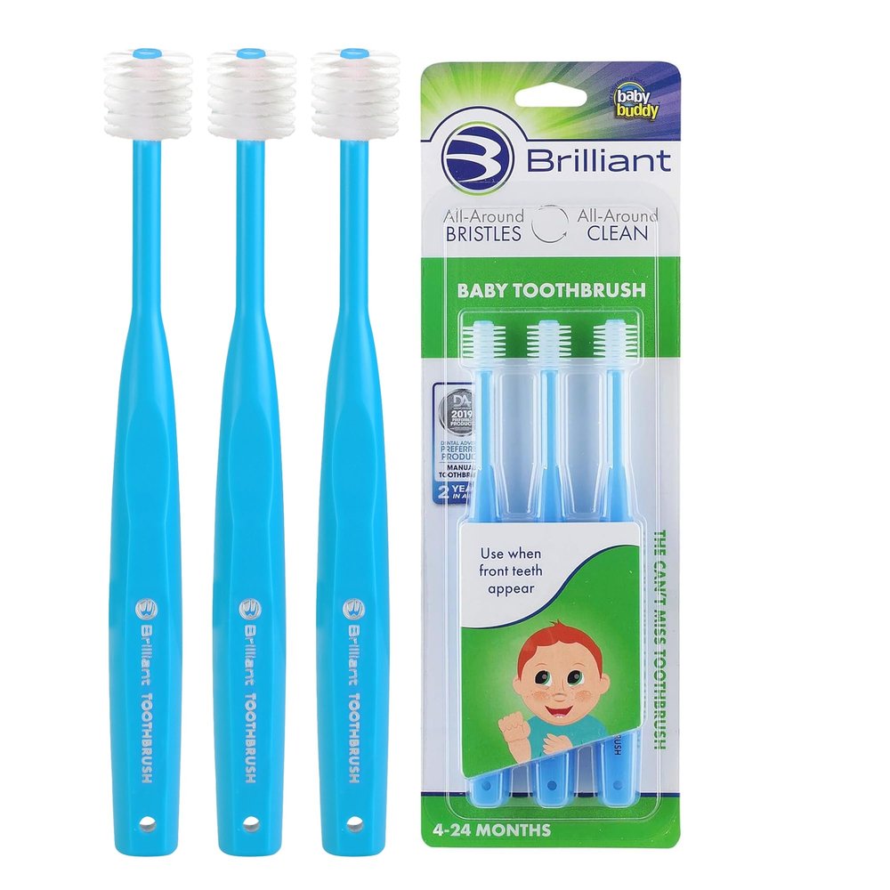 Brilliant Oral Care Baby Toothbrush with Soft Bristles and Round Head, for a Toddler Approved, Easy to Use All-Around Clean Mouth, 4-24 Months, When Front Teeth Appear, Blue, 3 Pack