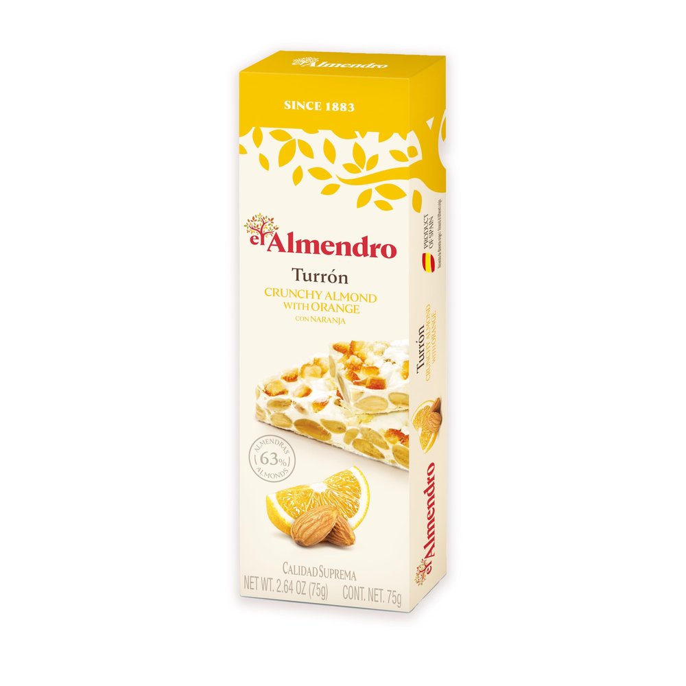 El Almendro Turrones, Turron Crunchy Almond with Orange Nougat Candy Torrone From Spain,Traditional Spanish Brittle Dessert, Gluten Free