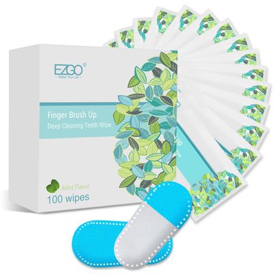EZGO 100pcs Deep Cleaning Teeth Wipes Finger Brush Teeth Wipes Oral Brush Ups Latex Free Mint Flavor