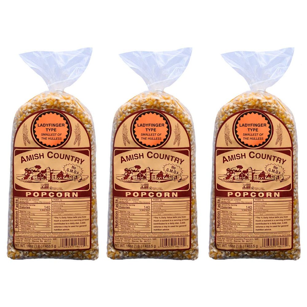 Amish Country Popcorn | 3-1 lb Bags | Ladyfinger Popcorn Kernels | Old Fashioned, Non-GMO and Gluten Free