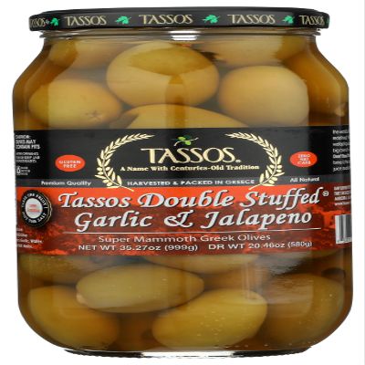 Tassos Double Stuffed Jalapeno-garlic Super Mammoth Greek Olives, 35.27 Oz