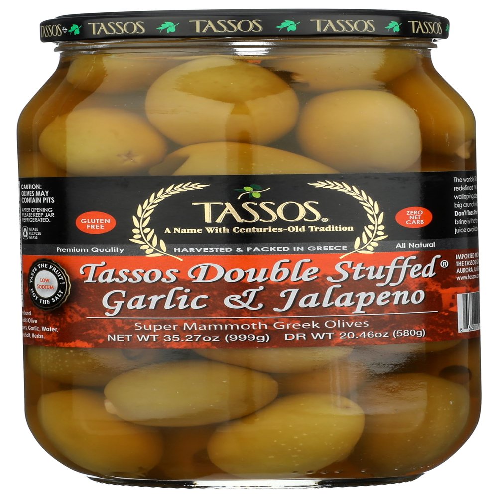 Tassos Double Stuffed Jalapeno-garlic Super Mammoth Greek Olives, 35.27 Oz