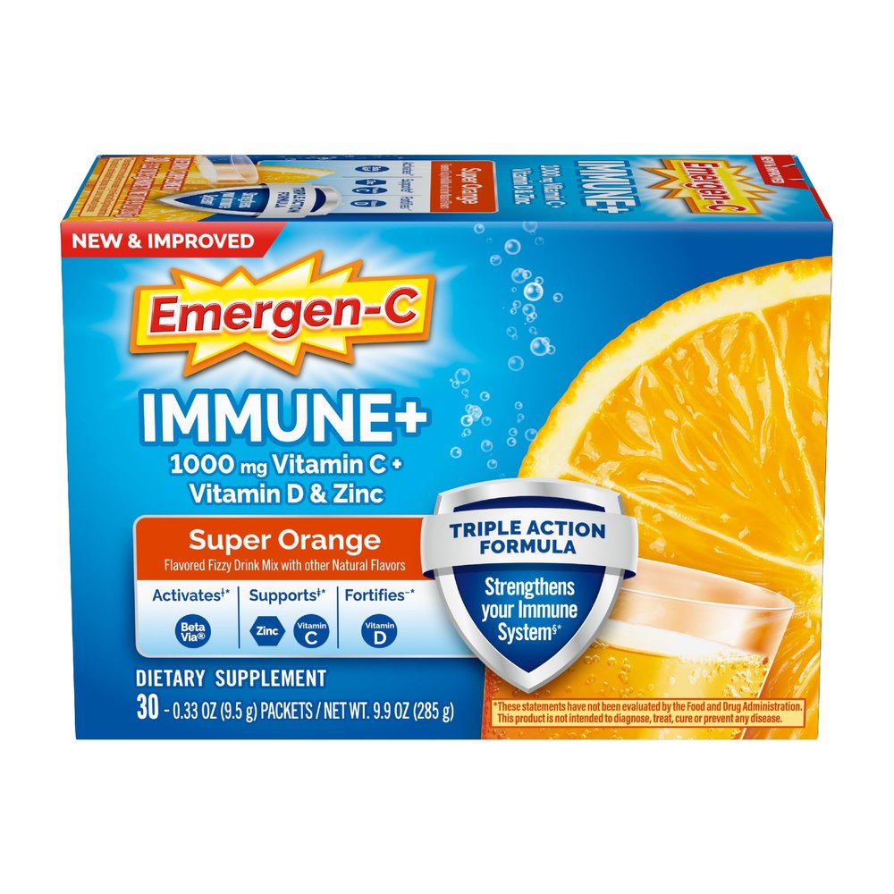 Emergen-C Immune+ Triple Action Immune Support Powder, BetaVia (R), 1000mg Vitamin C, B Vitamins, Vitamin D and Antioxidants, Super Orange 30 Count