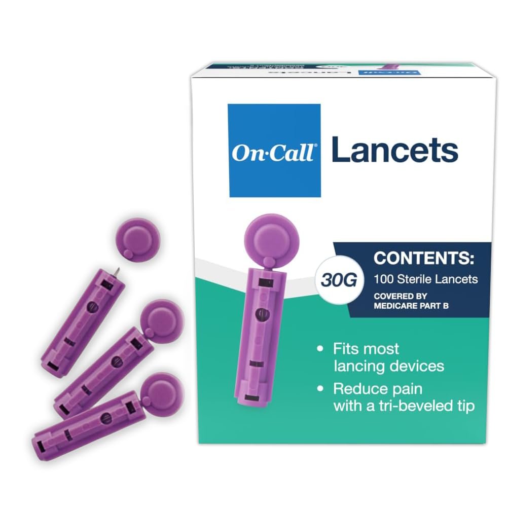 Lancets for Diabetes Testing by On-Call, Fine 30 Gauge Tri-Bevel Tip for Blood Sugar Test, Fits Most Lancing Devices, Diabetic Supplies, 100 Count
