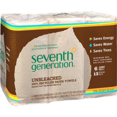 Seventh Generation Natural Unbleached 100% Recycled Paper Kitchen Towel Rolls, 2-Ply, 11 x 9, 120/Roll, 24 Rolls/Carton