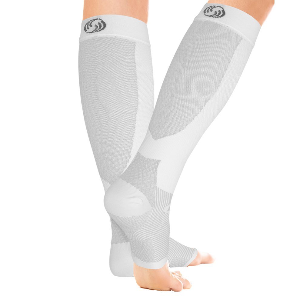 OrthoSleeve FS6+ Compression Foot & Leg Sleeve (1 Pair) for Plantar Fasciitis, Heel Pain, Achilles Tendonitis, Shin Splints, Venous Insufficiency and Leg Cramps (Large, White)