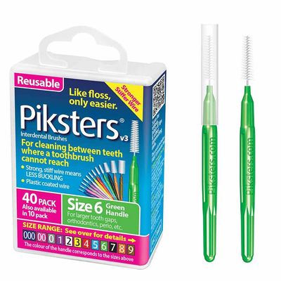 Piksters Interdental Brushes, 40 pk, Size 6, Interdental Tooth Brush for Larger Gaps, Gum Soft Bristles for Plaque Removal, Safe for Braces