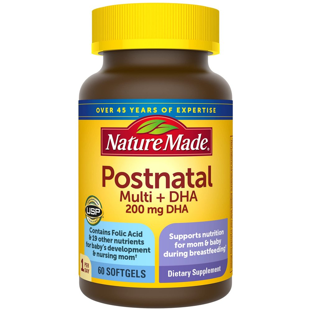 Nature Made Postnatal Multivitamin + DHA 200 mg, Postnatal Vitamins for Women, Includes Iron, Vitamin D3, Calcium, Iodine & More for Breastfeeding Moms, 60 Softgels