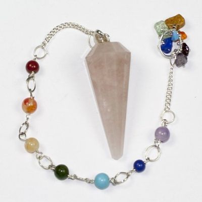 12 Faceted Gemstone Crystal Pendulum with Seven Chakra Stone Chain (Rose Quartz)