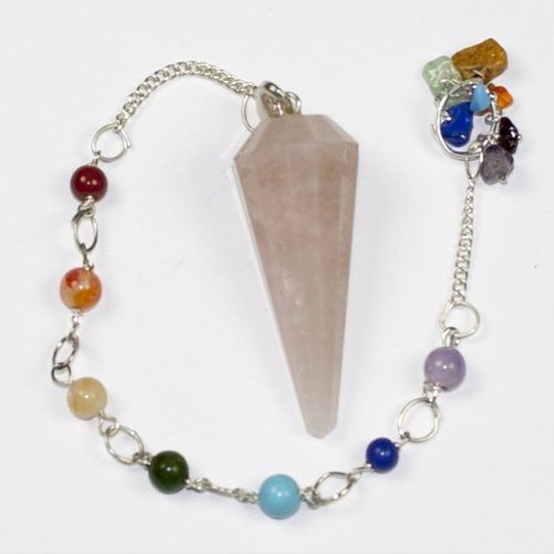12 Faceted Gemstone Crystal Pendulum with Seven Chakra Stone Chain (Rose Quartz)