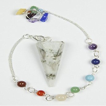 12 Faceted Gemstone Crystal Pendulum with Seven Chakra Stone Chain (Rainbow Moonstone)