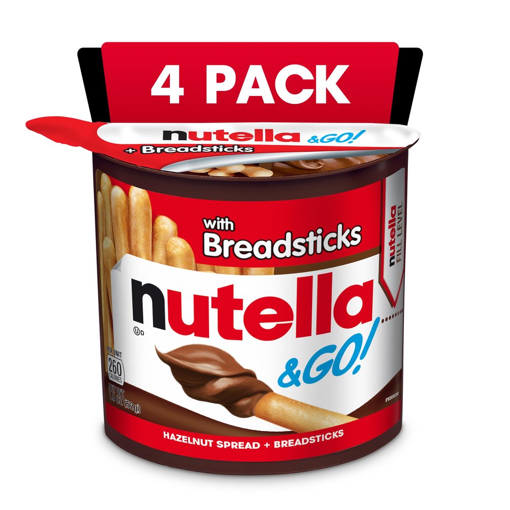 Nutella and Go Snack Packs, Chocolate Hazelnut Spread with Breadsticks, Perfect Valentine's Day Gifts and Bulk Snacks for Kids' Lunch Boxes, 1.9 oz, Pack of 4