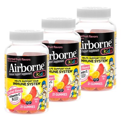Airborne 500mg Vitamin C + Zinc Immune Support Supplement Gummies for Kids, Assorted Fruit Flavor, Gluten Free Crafted Blend with Powerful Antioxidants Vitamins C & E, 21 Gummies (3 Pack)