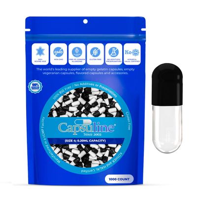 Capsuline Size 4 Empty Gelatin Capsules, Black/Clear - 1000 Count | Gluten Free, Kosher, Non-GMO Certified | Pure Bovine Pill Caps for DIY Supplement Filling