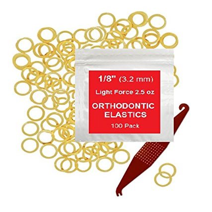 Orthodontic Rubber Bands for Braces - Premium Quality Elastic Teeth Rubber Bands for Braces, Fix Tooth Gaps, Dreadlocks, Includes Free Elastic Placer- Light Force 2.5 oz, 1/8 Inch, Natural (100 Pack)