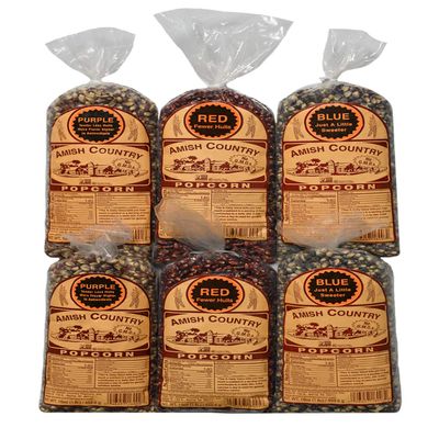 Amish Country Popcorn | 6-1 lb Bags | Variety Bundle | 2-1 lb Bags Purple - 2-1 lb Bags Red and 2-1 lb Bags Blue Popcorn Kernels | Old Fashioned, Non-GMO and Gluten Free (6-1 lb Bags)