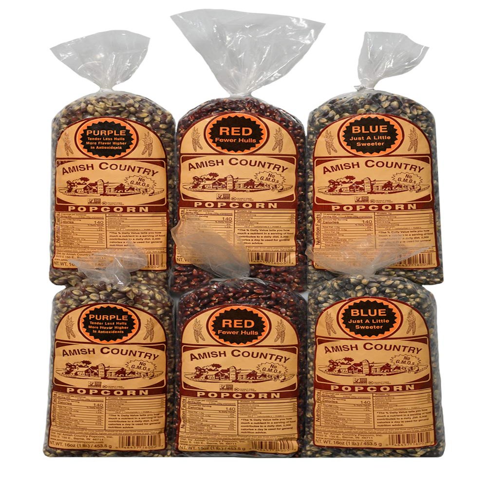 Amish Country Popcorn | 6-1 lb Bags | Variety Bundle | 2-1 lb Bags Purple - 2-1 lb Bags Red and 2-1 lb Bags Blue Popcorn Kernels | Old Fashioned, Non-GMO and Gluten Free (6-1 lb Bags)