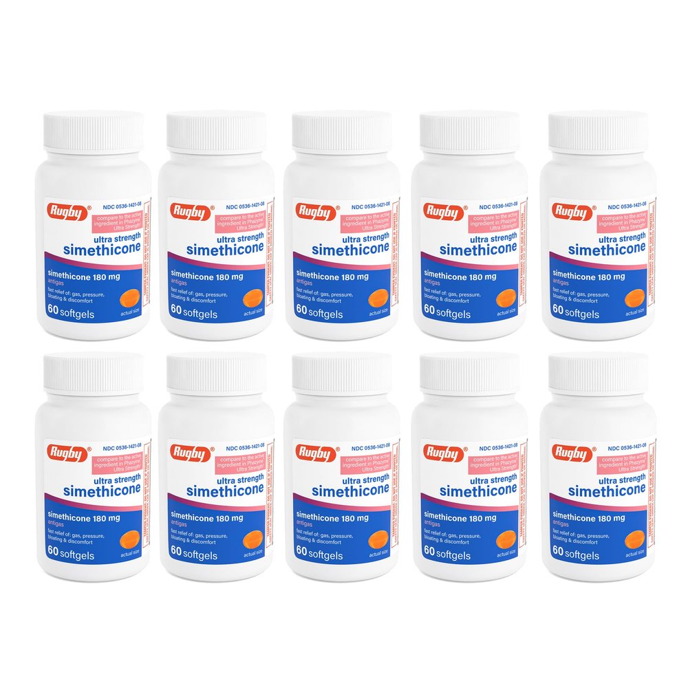 Rugby Ultra Strength Simethicone Gas Relief 180 mg - Maximum Relief for Adults - May Help with Symptoms of Flatulence & Bloating - 60 Softgels (10 Pack)