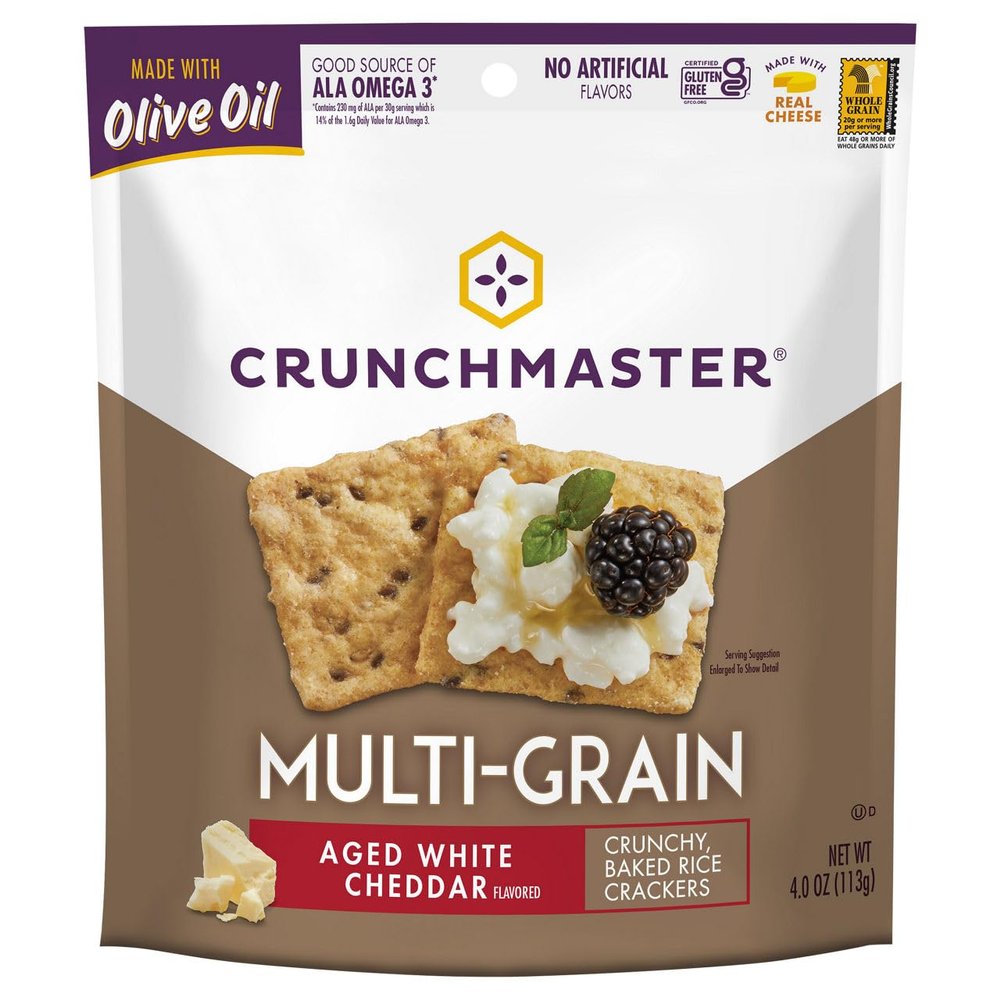 Crunchmaster, Multi-Grain Aged White Cheddar Flavored Crunchy Baked Rice Crackers, 4.0 Ounce