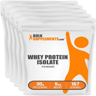 BulkSupplements.com Whey Protein Isolate Powder - Unflavored Whey Protein Powder, Nutritional Supplement - Gluten Free, 30g per Serving, 1kg (2.2 lbs) (Pack of 5)