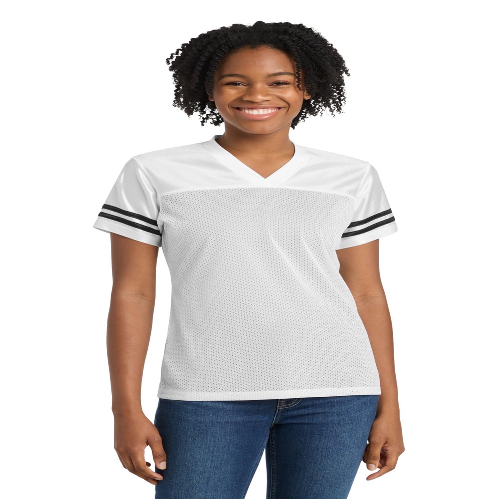 SPORT-TEK Women's PosiCharge Replica Jersey | Athletic Workout Clothing for Spring & Summer, Trendy Ladies Gym Fashion White/Black