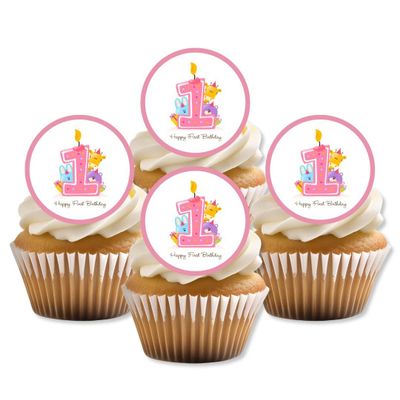 1st Birthday Girl Cake Decorations, Pink Edible Cupcake Toppers, Happy Birthday Cake Toppers, Girls Cupcake Decorations, 24 x 1.5 Inch / 4cm Wafer Card Discs UNCUT