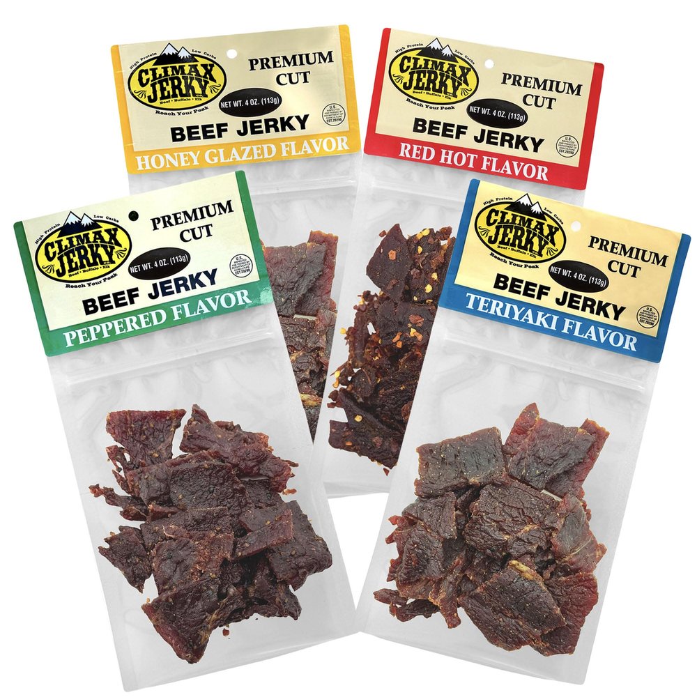 Beef Jerky Variety Pack 1 LB Total (4 x 4oz Bags) Honey Glaze, Teriyaki, Pepper, Red Hot Premium Assorted Flavors High Protein Snack