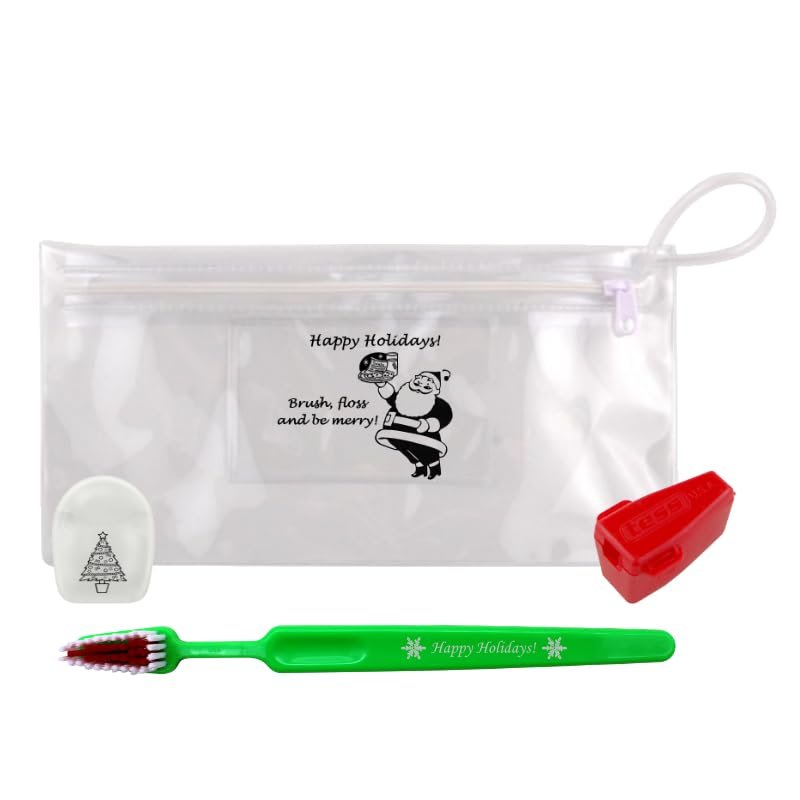 Tess Oral Health Holiday Child Cavity Fighting Kit - 12 Kits - Oral Care for Kids - Festive Holiday Design - Toothbrush, Floss & Travel Cap Included