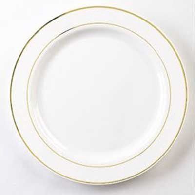 10 1/4 Inch Round Plastic Dinner Plates in White with Gold Band - Case of 120