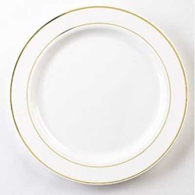 10 1/4 Inch Round Plastic Dinner Plates in White with Gold Band - Case of 120