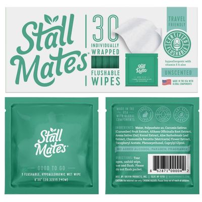 Stall Mates Wipes - Flushable Wipes, Individually Wrapped, Travel Friendly, Unscented with Vitamin-E & Aloe, (30 on-the-go singles)