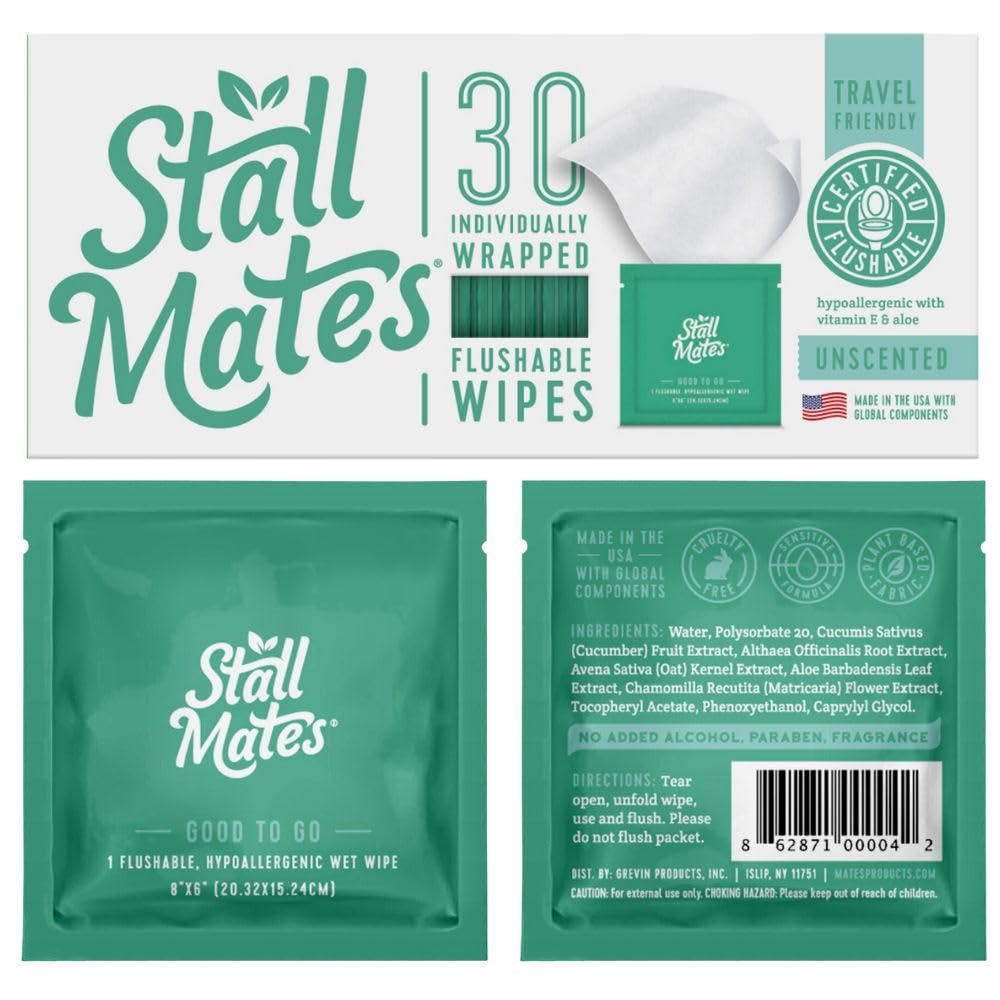Stall Mates Wipes - Flushable Wipes, Individually Wrapped, Travel Friendly, Unscented with Vitamin-E & Aloe, (30 on-the-go singles)