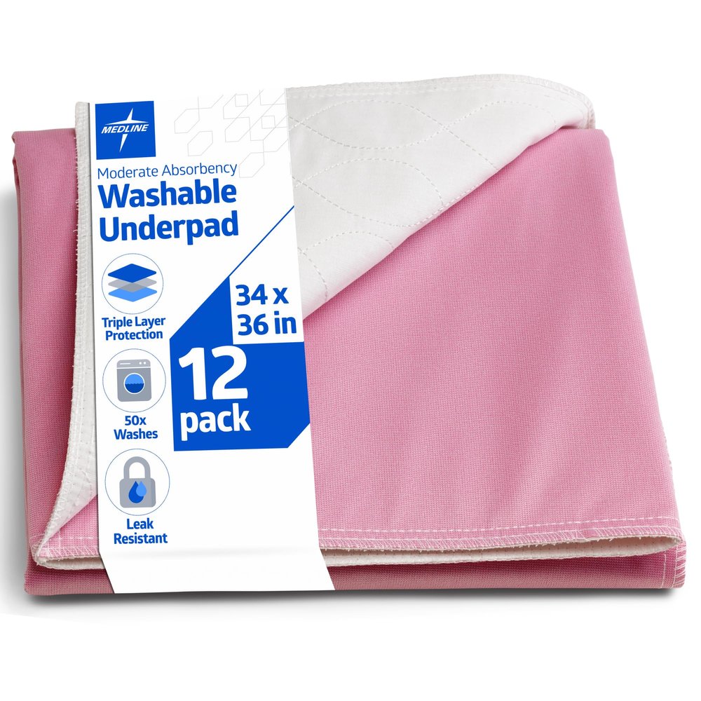Medline Sofnit 300 Reusable Underpads, Pink/White, 34" x 36", with Wings - Moderate Absorbency, Leak-resistant Protection, Pack of 12