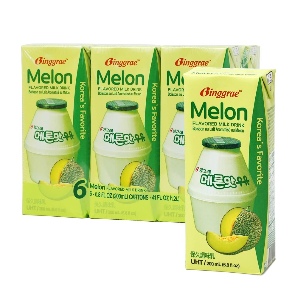Binggrae Melon Flavored Milk Drink  Korean Sweet and Creamy Beverage  Shelf-Stable 6.8 fl oz Cartons  Pack of 6