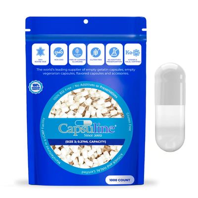 Capsuline Size 3 Empty Gelatin Capsules, White/Clear - 1000 Count | Gluten Free, Kosher, Non-GMO Certified | Pure Bovine Pill Caps for DIY Supplement Filling