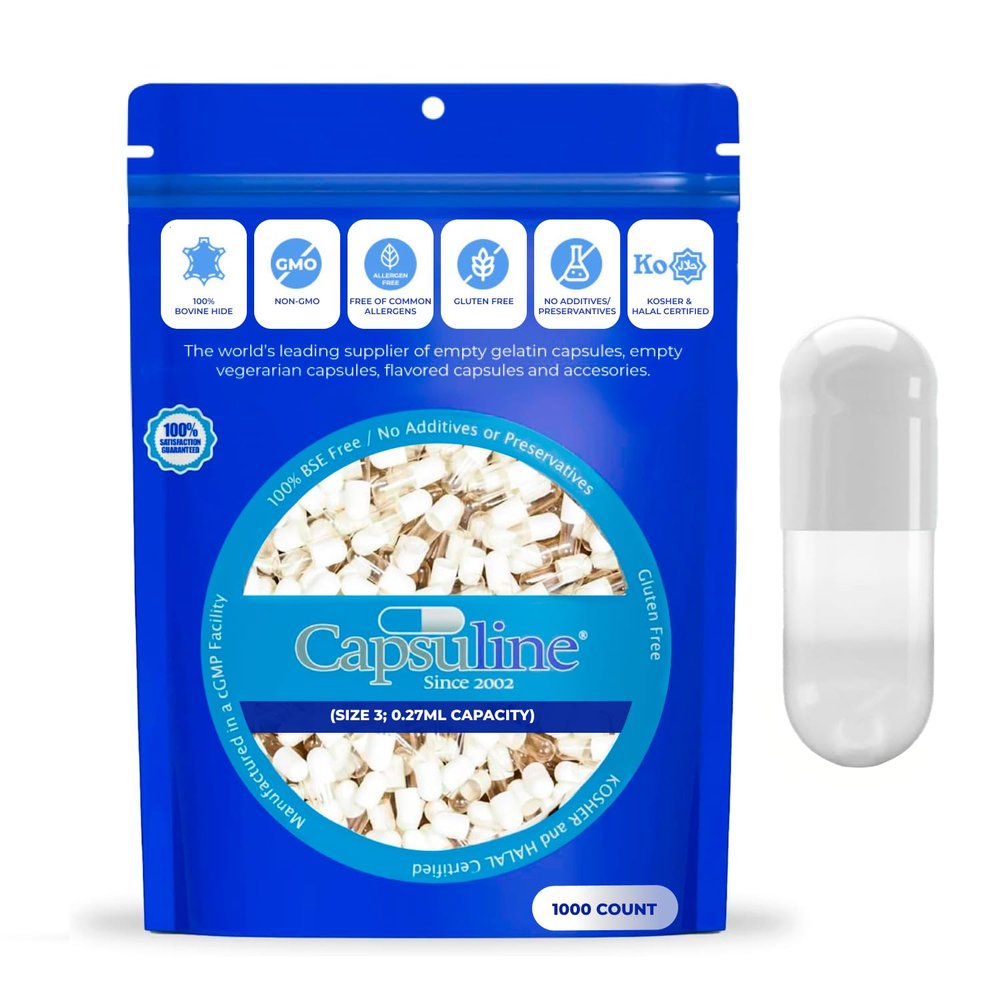 Capsuline Size 3 Empty Gelatin Capsules, White/Clear - 1000 Count | Gluten Free, Kosher, Non-GMO Certified | Pure Bovine Pill Caps for DIY Supplement Filling