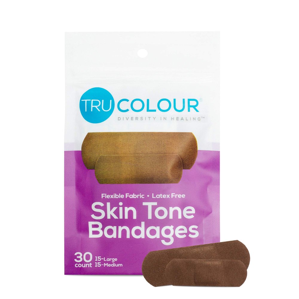 Tru-Colour Skin Tone Shade Fabric Bandages, Resealable Bag (30 Count)  Flexible, Waterproof, PFAS-Free Adhesive Strips Help Protect Cuts, Scrapes, Scratches  Dark Brown