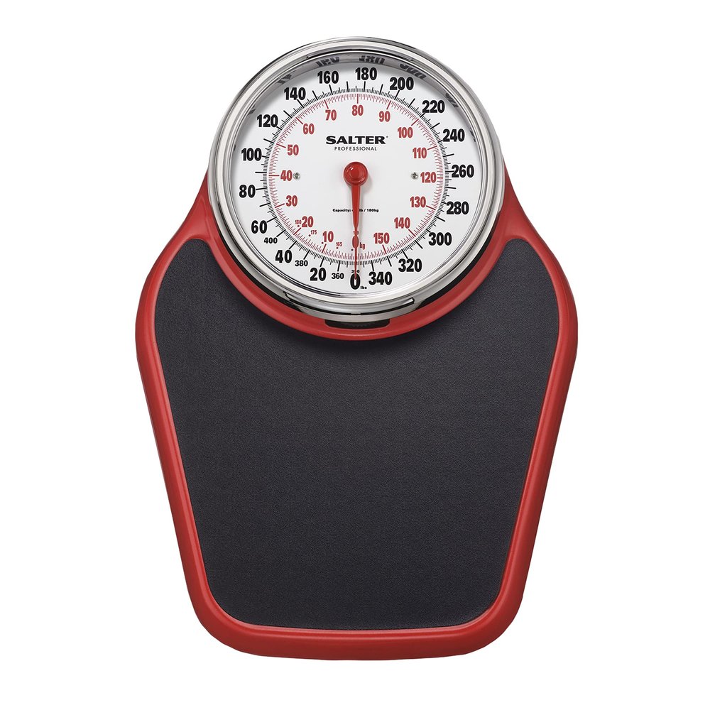 Salter Pro-Helix Professional Oversized Bathroom Scale with Black/Red Powder-Coated Steel Coated Base, Anti-Slip Bath Mat, 400 LB Capacity, Analog Scale, 18.25 x 13.0 Inch, Black/Red