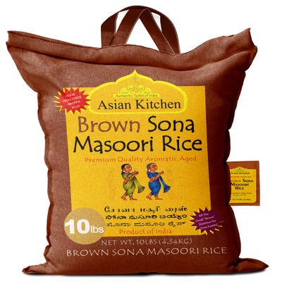 Asian Kitchen Brown Sona Masoori Aged Rice 10-Pound Bag, 10lbs (4.54kg) Short Grain Rice ~ All Natural | Gluten Friendly | Vegan | Indian Origin | Export Quality