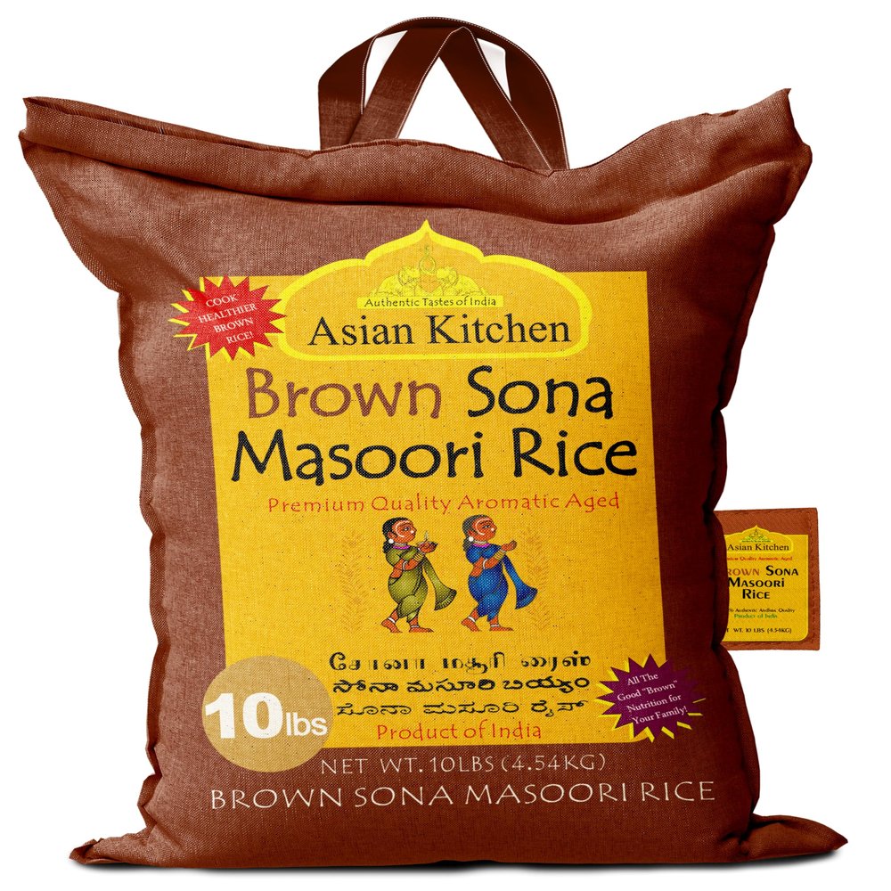 Asian Kitchen Brown Sona Masoori Aged Rice 10-Pound Bag, 10lbs (4.54kg) Short Grain Rice ~ All Natural | Gluten Friendly | Vegan | Indian Origin | Export Quality